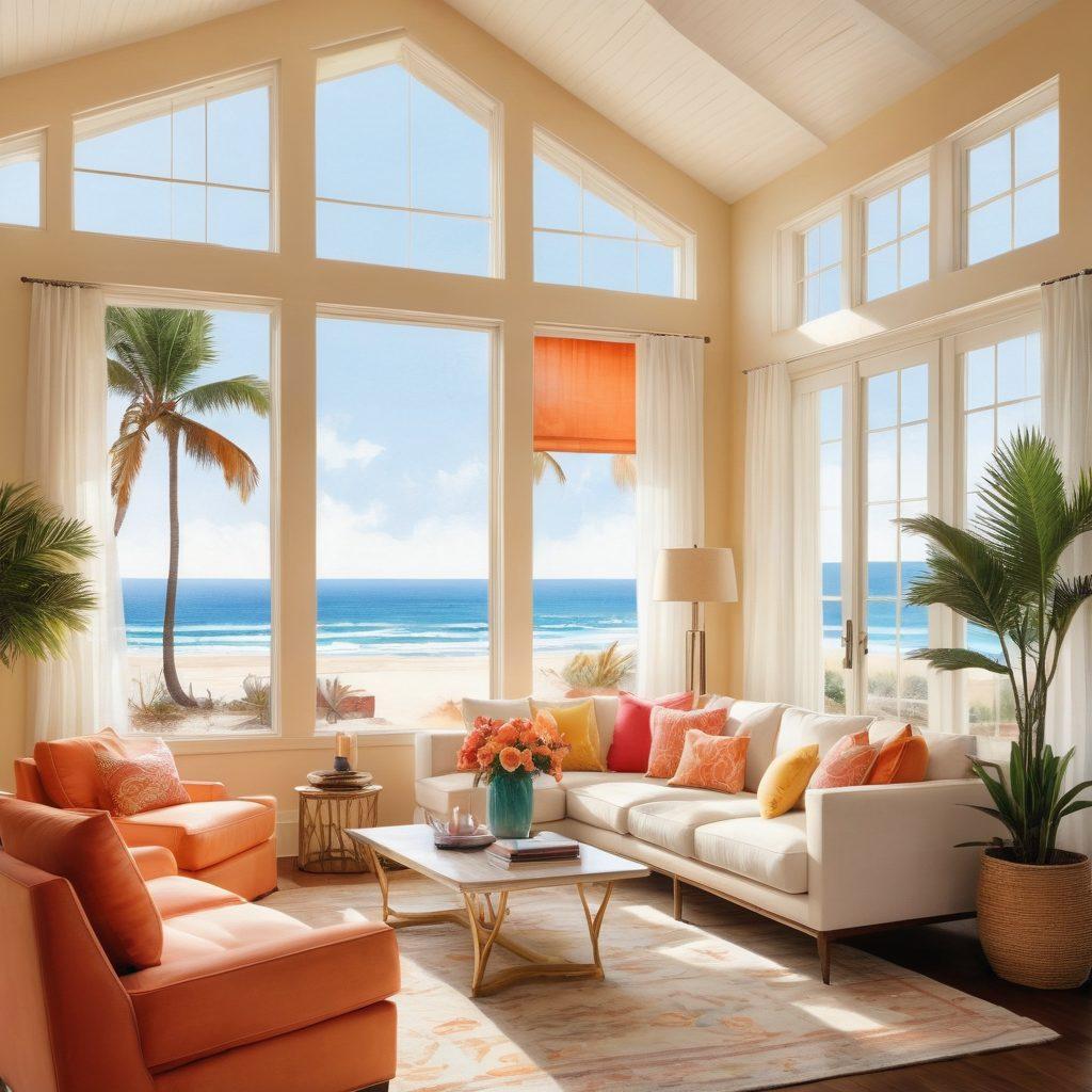 A beautiful beach scene transitioning into a stylish interior space, showcasing colorful bikini trends draped elegantly on modern furniture. The top half features sandy shores with vibrant bikini designs, while the bottom half displays a chic living room adorned with beach-inspired decor. Soft sunlight filters through a large window, illuminating the joyful fusion of fashion and home design. watercolor painting. warm tones. dreamy atmosphere.