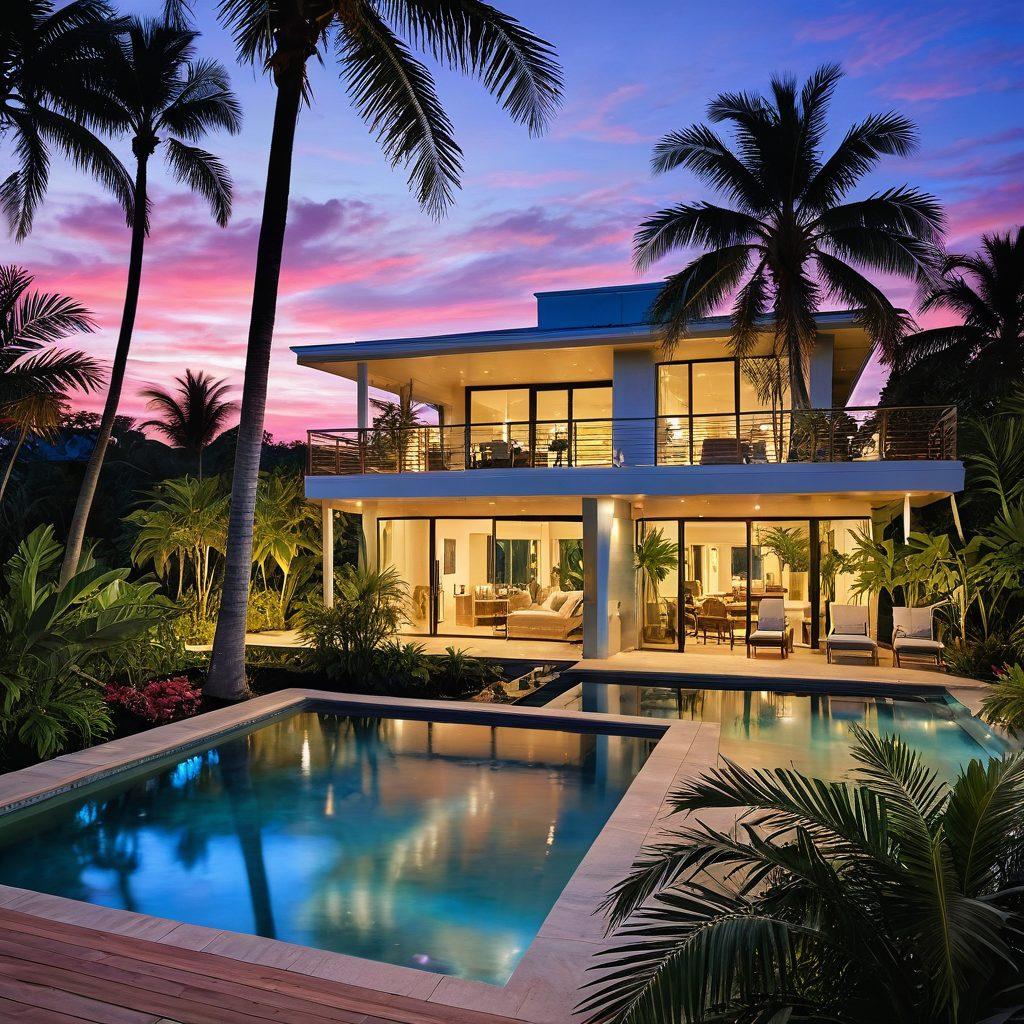 A serene coastal home blending modern architectural design with natural surroundings, featuring large glass windows showcasing ocean views. Include a spacious deck with comfortable lounging chairs, surrounded by tropical plants and softly waving palm trees. Add a gentle sunset casting warm hues over the scene, reflecting off the water. Infuse elements of tranquility and relaxation. super-realistic. vibrant colors.